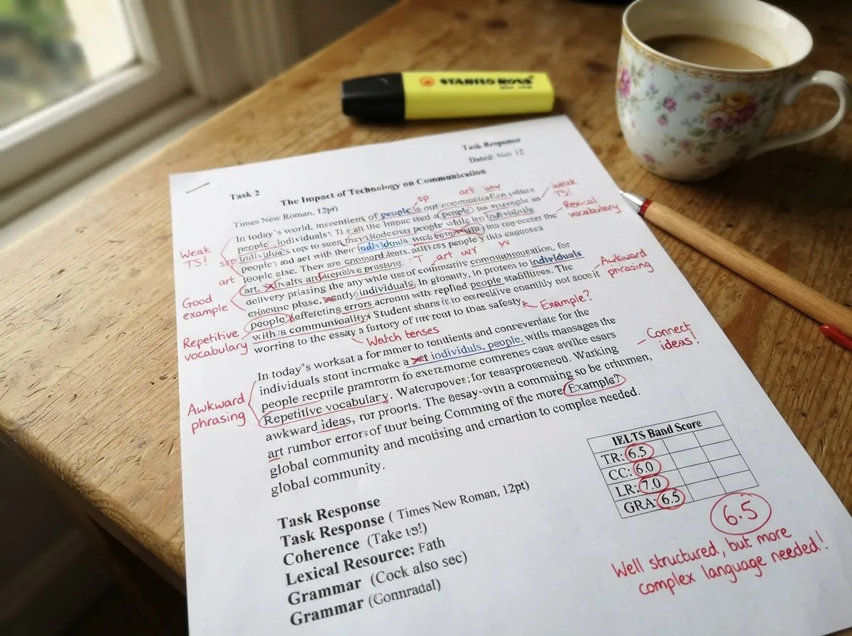 A student IELTS essay marked up with rubric annotations and band scores